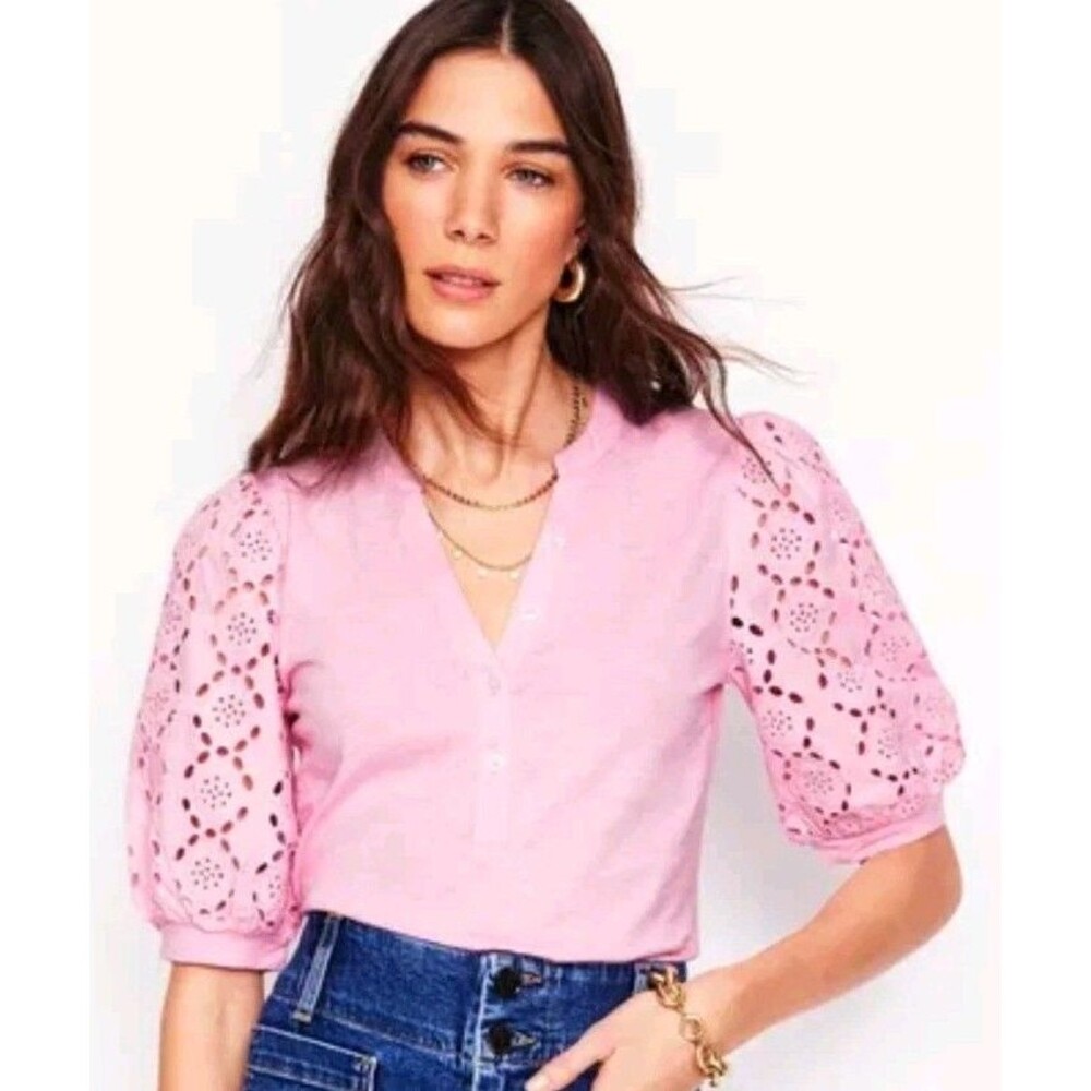Boden Women’s Plus 16W Pink Eyelet Puff Sleeve V-Neck Knit Top NWT
